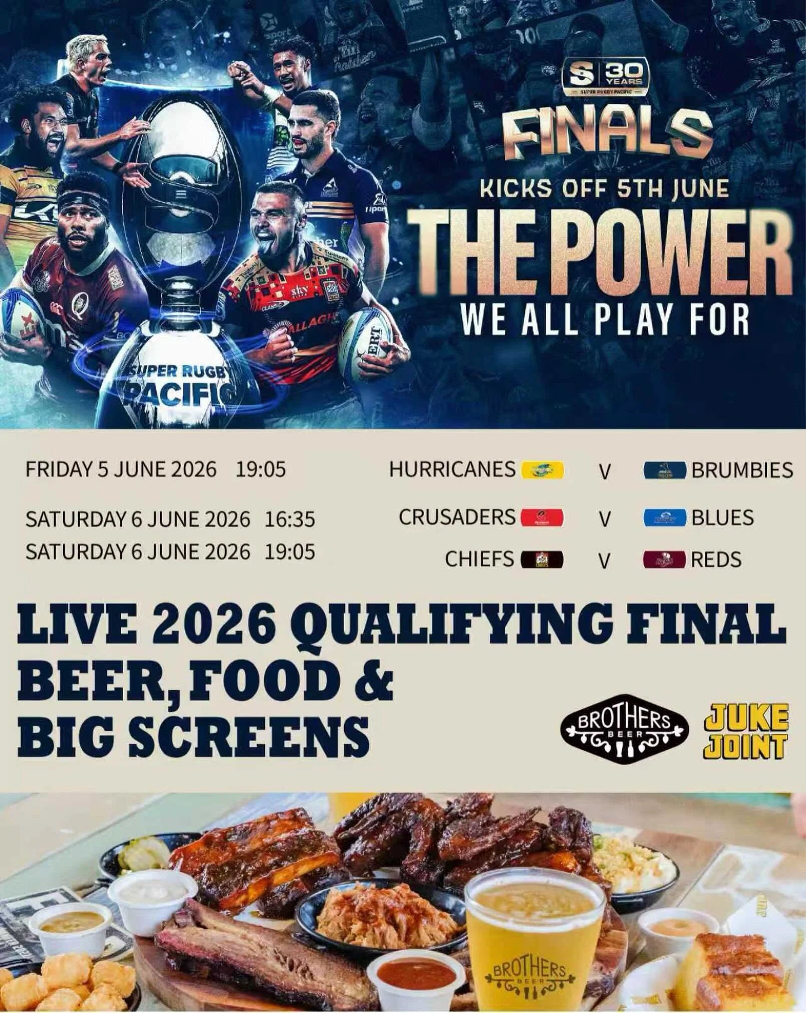 🔥 Super Rugby Pacific Finals are HERE at Brothers Beer!
Catch all 3 qualifying finals live on our big screens this weekend
▫️Fri 5 Jun 19:05 Hurricanes vs Brumbies
▫️Sat 6 Jun 16:35 Crusaders vs Blues
▫️Sat 6 Jun 19:05 Chiefs vs Reds
Cold craft beer