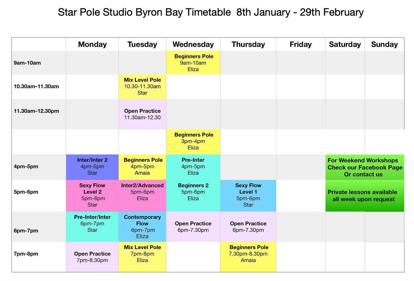 New term starts next week Monday January 8th.
Check out our new beginners class times YAY!!!! 
Pole dance is a great way to get fit , flexible and strong whilst having heaps of fun. Come dance with us 🤩
#poledanceclasses #beginnerspoledance #polelif