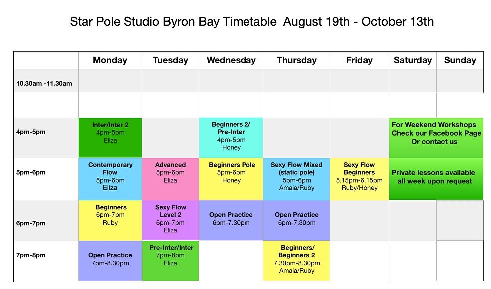 New Term Starts Next Week YAY!!!
Are you new to pole and may have some questions before you start? Feel free to call me (Star)
for a chat on
0411634838 😊

8 week course $240
2nd 8 week course $170

5 Class Pass $165

Casual $35

#poledanceclasses #p