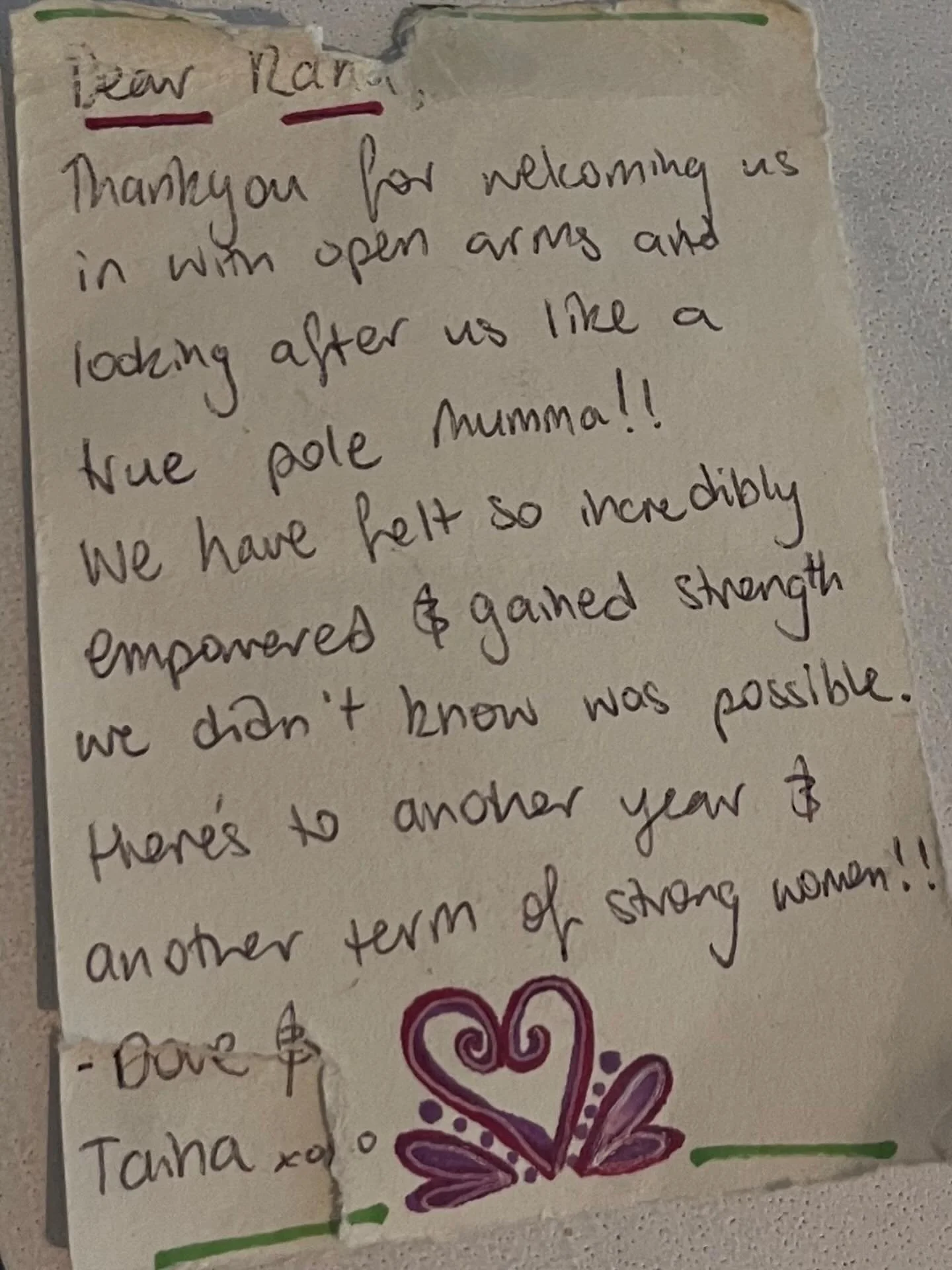 I was tidying the studio desk this morning and found this gorgeous note from our long time students Dove @dove.oh and Taina @tinidundee 
so sweet 😊 Love our pole community.
Our new term starts in two weeks. Come and join us 🤩
#poledancelessons #pol