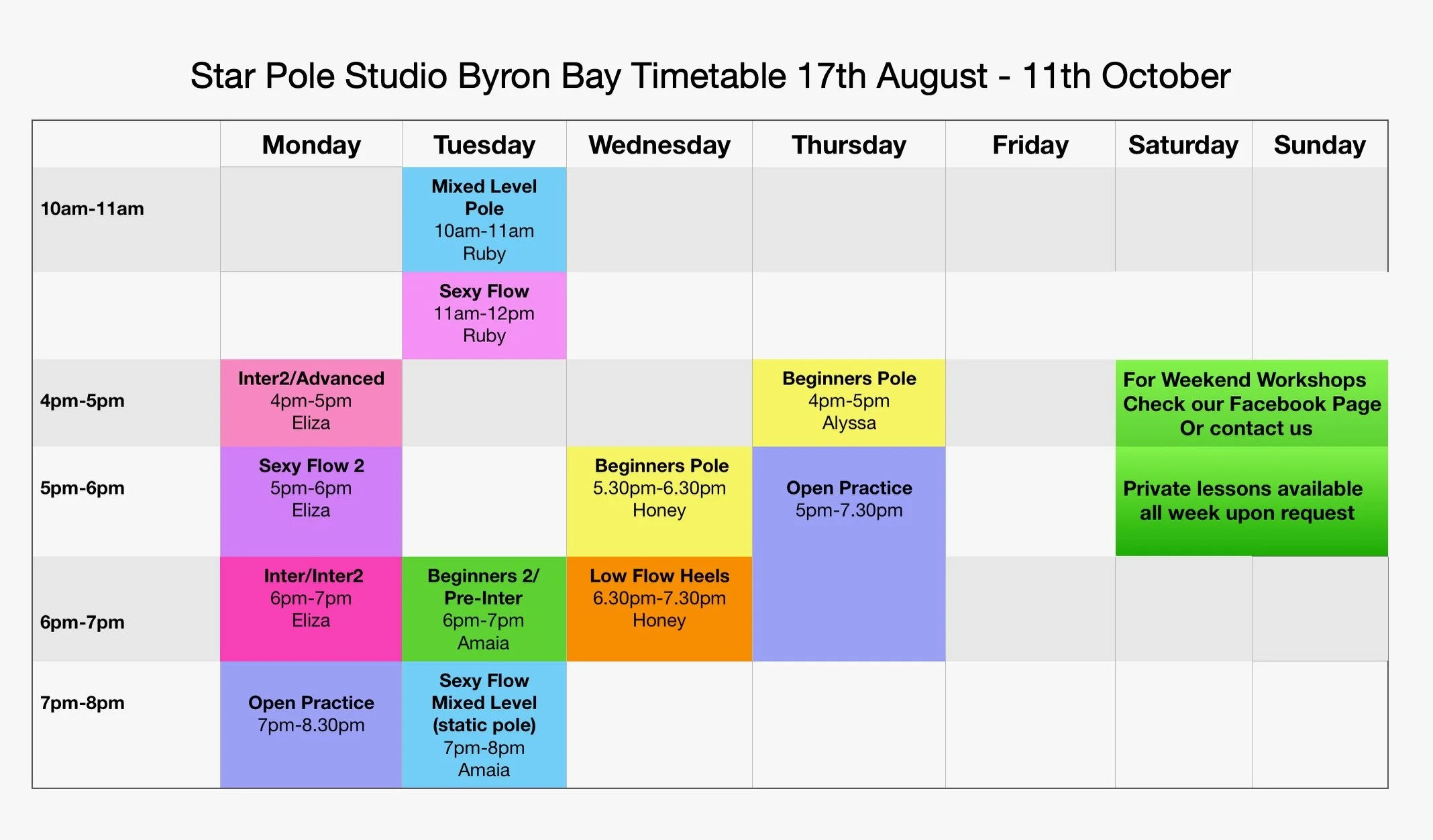 Current term timetable
Mon 17th Aug - 11th Oct

Bookings are open via groovio.com.au.
Txt or call Star if you have any questions on 0411634838. 🤩