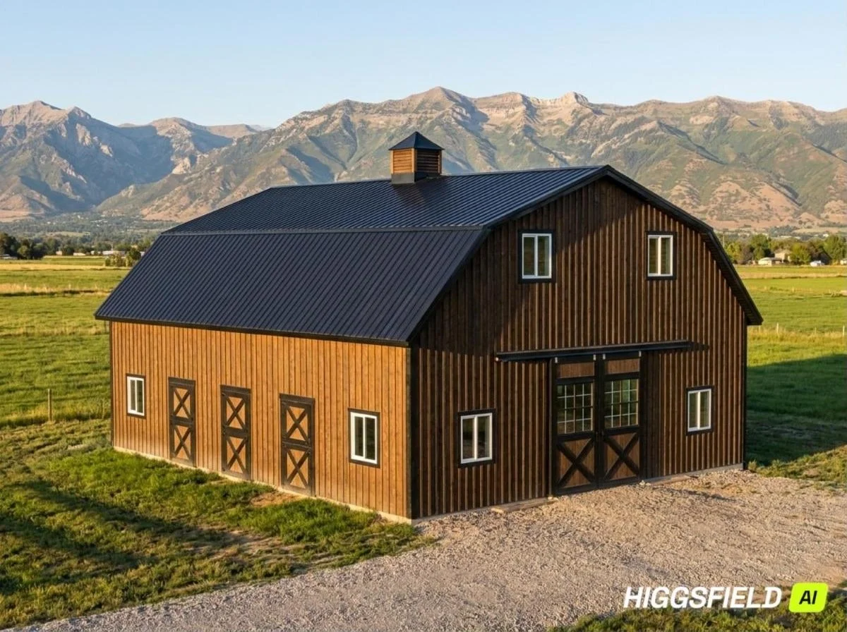 The Huntsville 36x40 gambrel barn with loft and cupola, photorealistic rendering of Eden Creek barn plan
