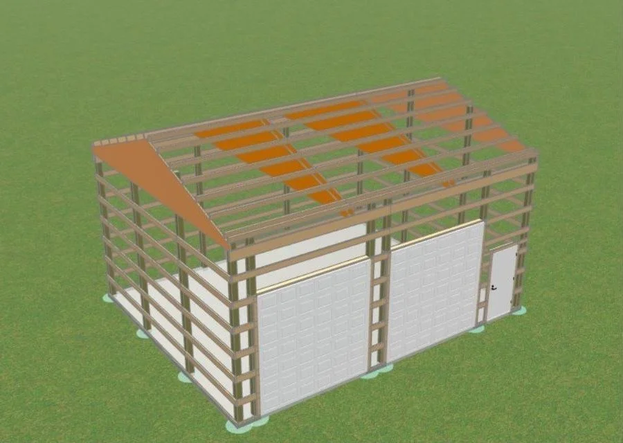 The Liberty two-bay garage plan framing view showing posts, girts and trusses