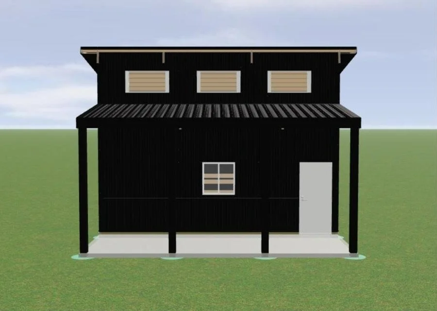 The Ben Lomond 16x22 studio front elevation with porch, clerestory windows and entry door