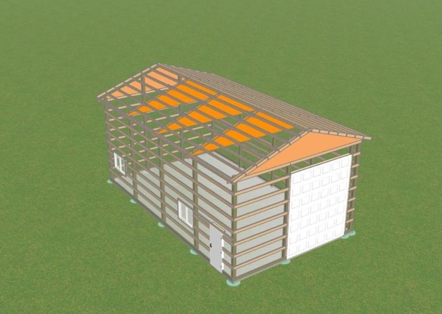 The Wasatch Shop 24x40 pole barn plan framing view showing posts, girts and trusses