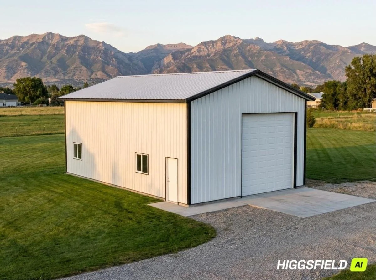 The Wasatch Shop 24x40 pole barn shop, photorealistic rendering of Eden Creek shop plan