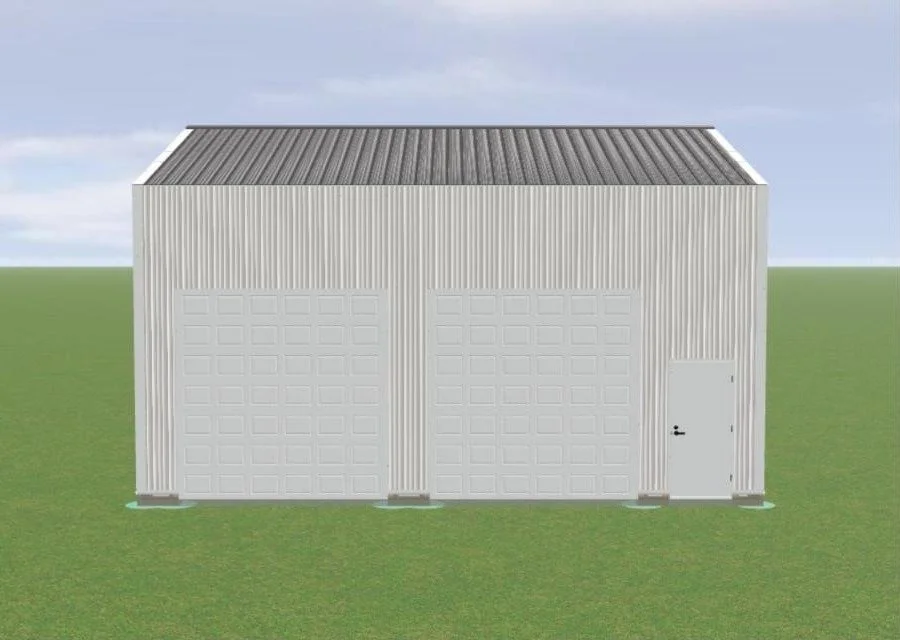 The Liberty 24x30 garage front elevation with two overhead doors and walk door