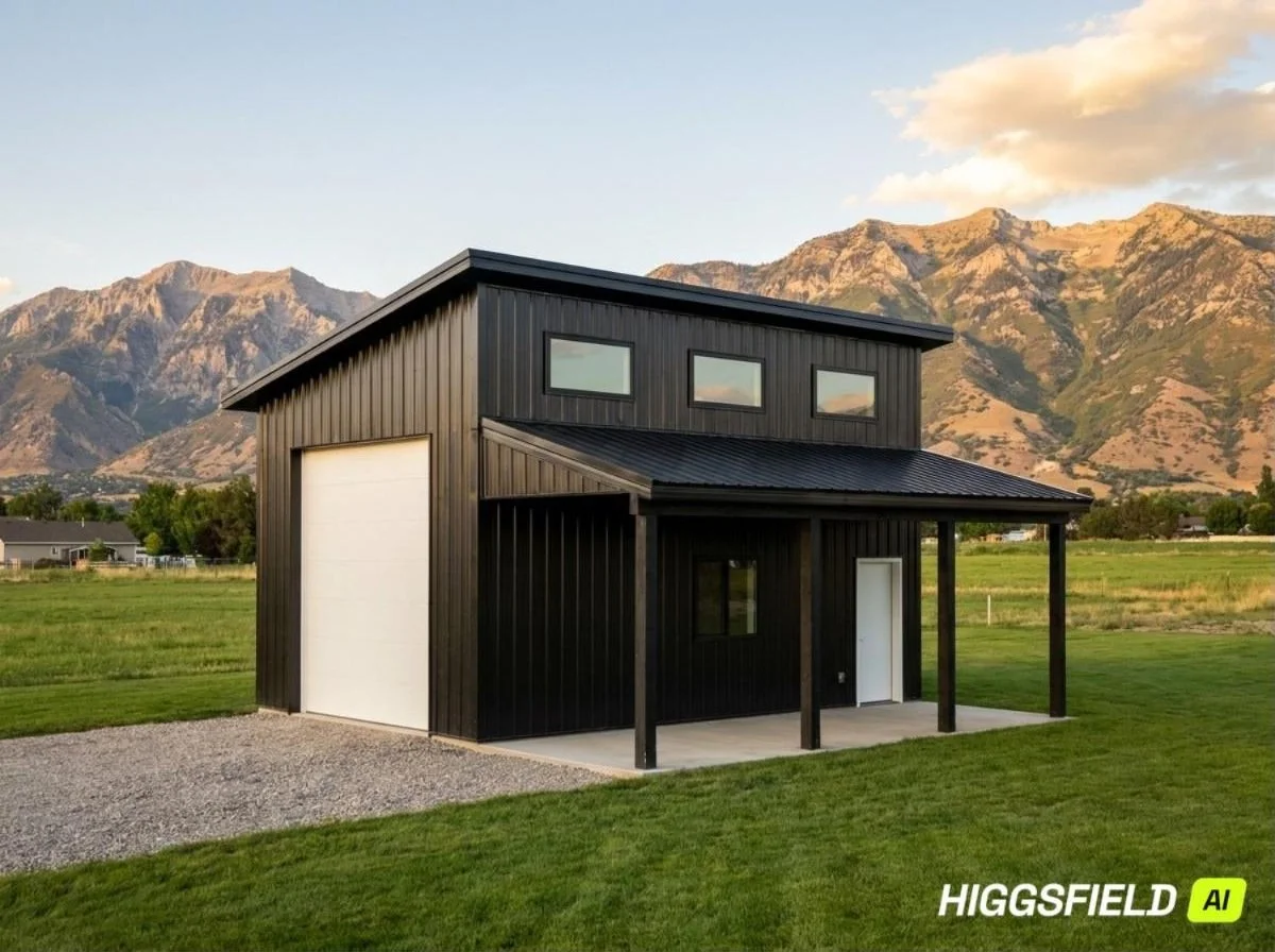 The Ben Lomond 16x22 modern single-slope studio with covered porch, photorealistic rendering of Eden Creek studio plan