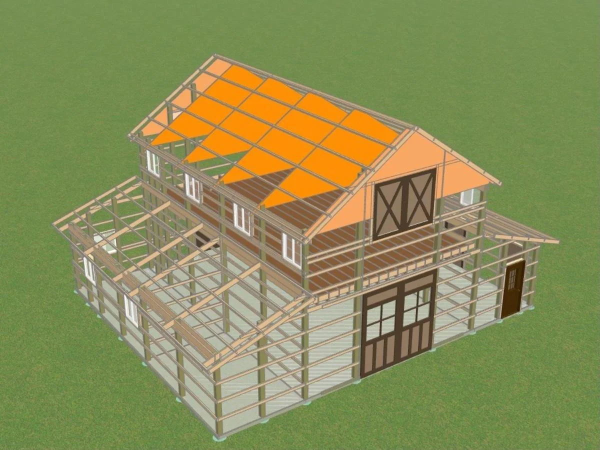 The Eden Valley barn plan framing view showing posts, trusses and lean-to framing