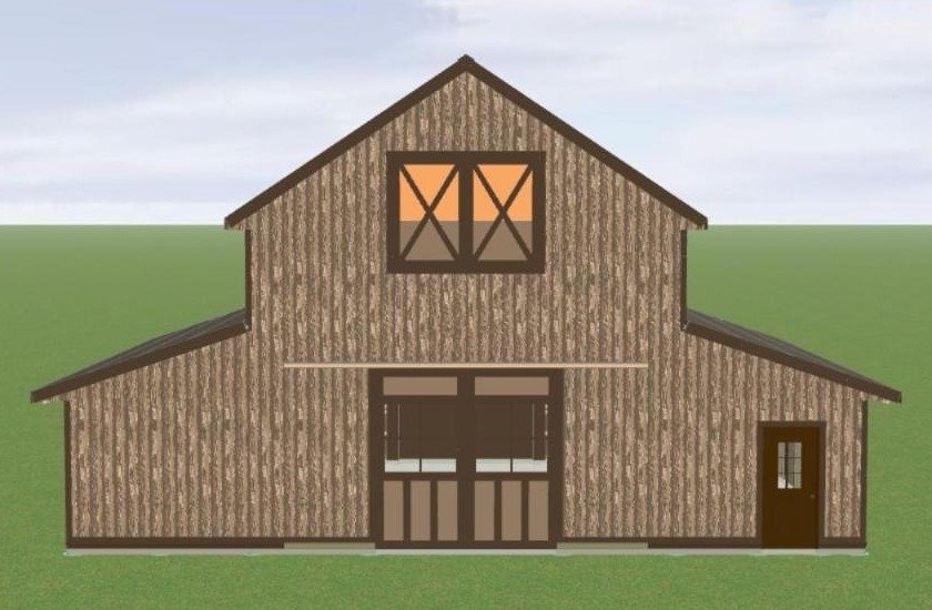 The Eden Valley 24x40 barn front elevation with sliding barn doors, hayloft door and lean-tos
