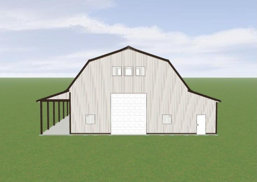 The Pineview 40x60 gambrel barn front elevation with overhead door, porch and lean-to