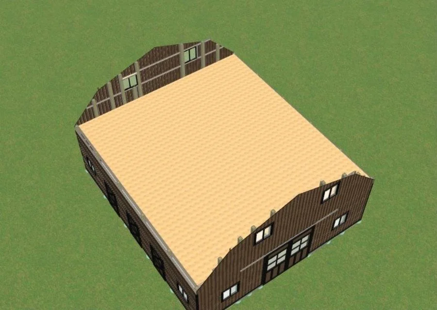 The Huntsville barn plan with roof removed showing the full loft floor