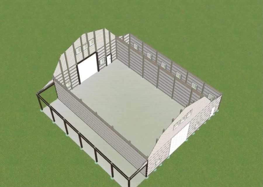 The Pineview barn plan with roof removed showing the open 40-foot clear span interior