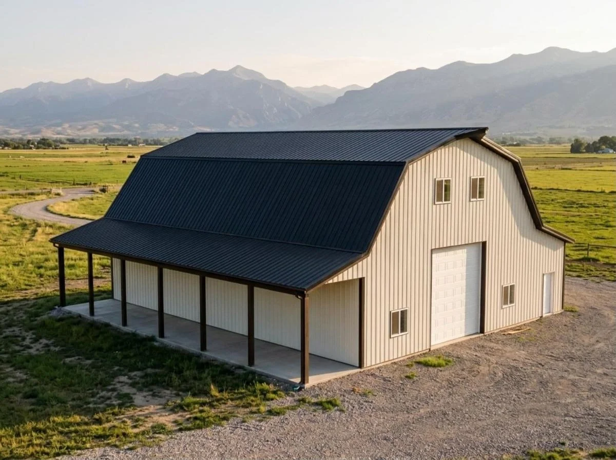 The Pineview 40x60 gambrel barn with full-length porch and lean-to, photorealistic rendering of Eden Creek barn plan