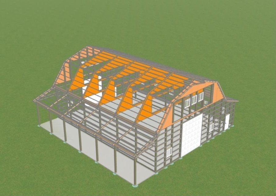 The Pineview gambrel barn plan framing view showing trusses, porch and lean-to framing