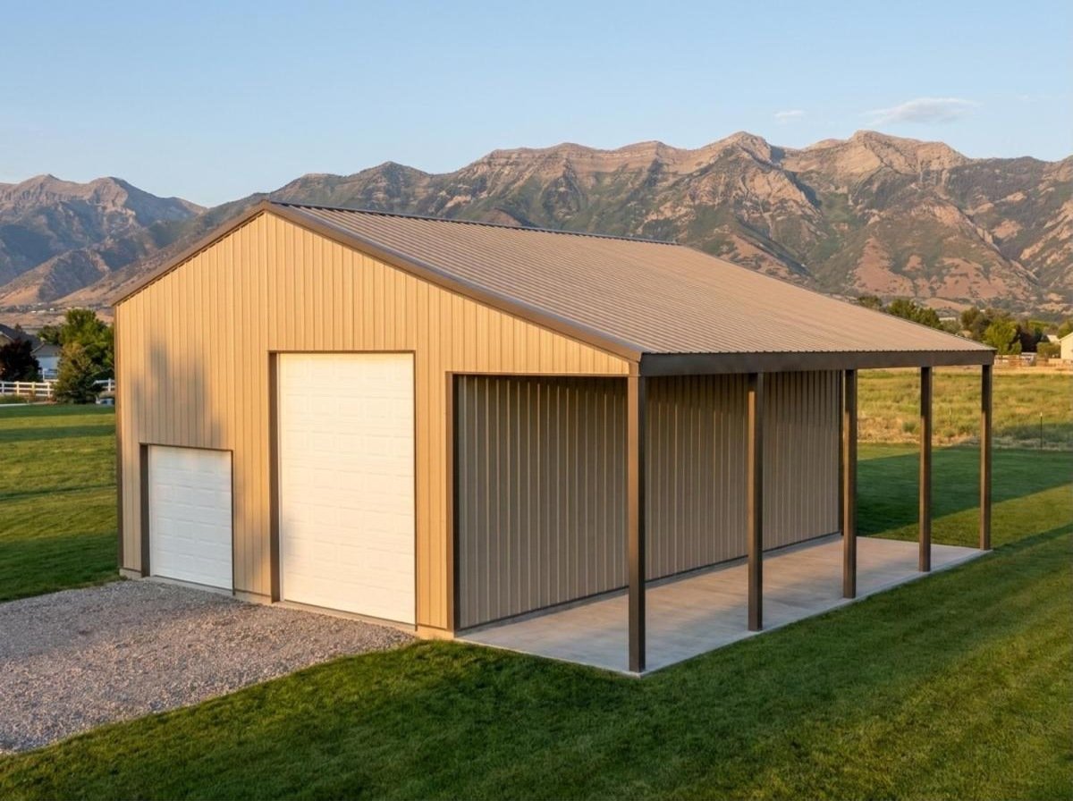 The Willard 30x40 shop with 12-foot open lean-to, photorealistic rendering of Eden Creek shop plan