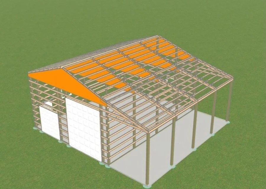The Willard shop plan framing view showing the post-frame shop and lean-to structure