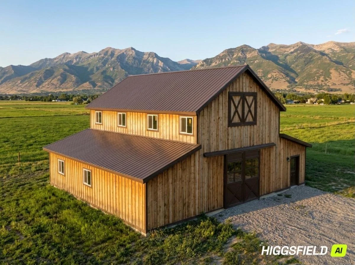 The Eden Valley 24x40 loft barn with twin lean-tos, photorealistic rendering of Eden Creek pole barn plan