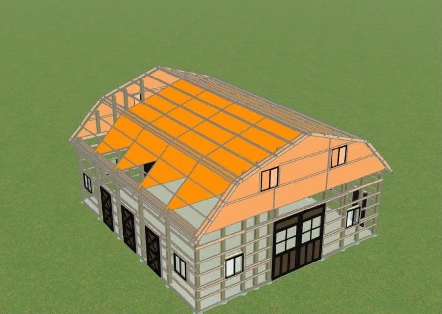 The Huntsville gambrel barn plan framing view showing gambrel trusses, posts and loft framing