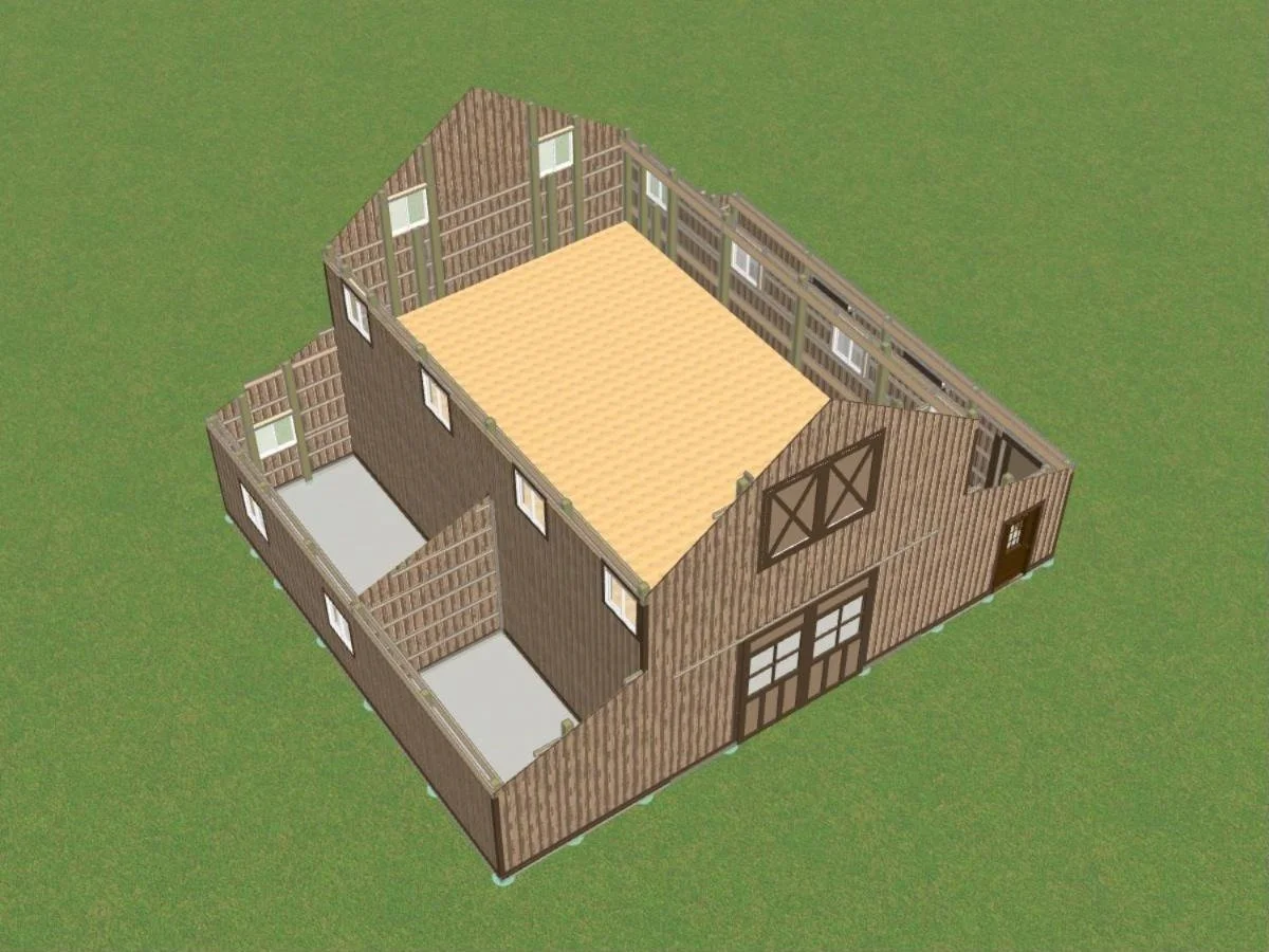 The Eden Valley barn plan with roof removed showing the loft floor and lean-to layout