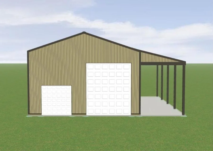 The Willard 30x40 shop front elevation with two overhead doors and open lean-to