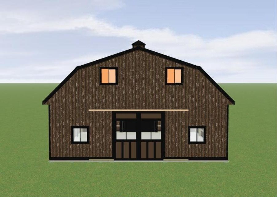 The Huntsville 36x40 gambrel barn front elevation with sliding barn doors and cupola