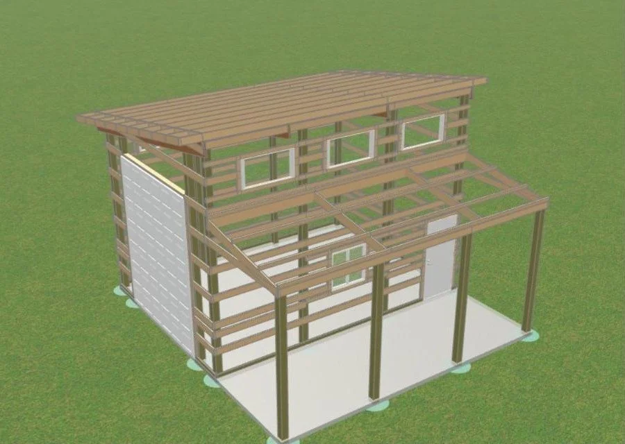 The Ben Lomond studio plan framing view showing the shed roof and porch framing