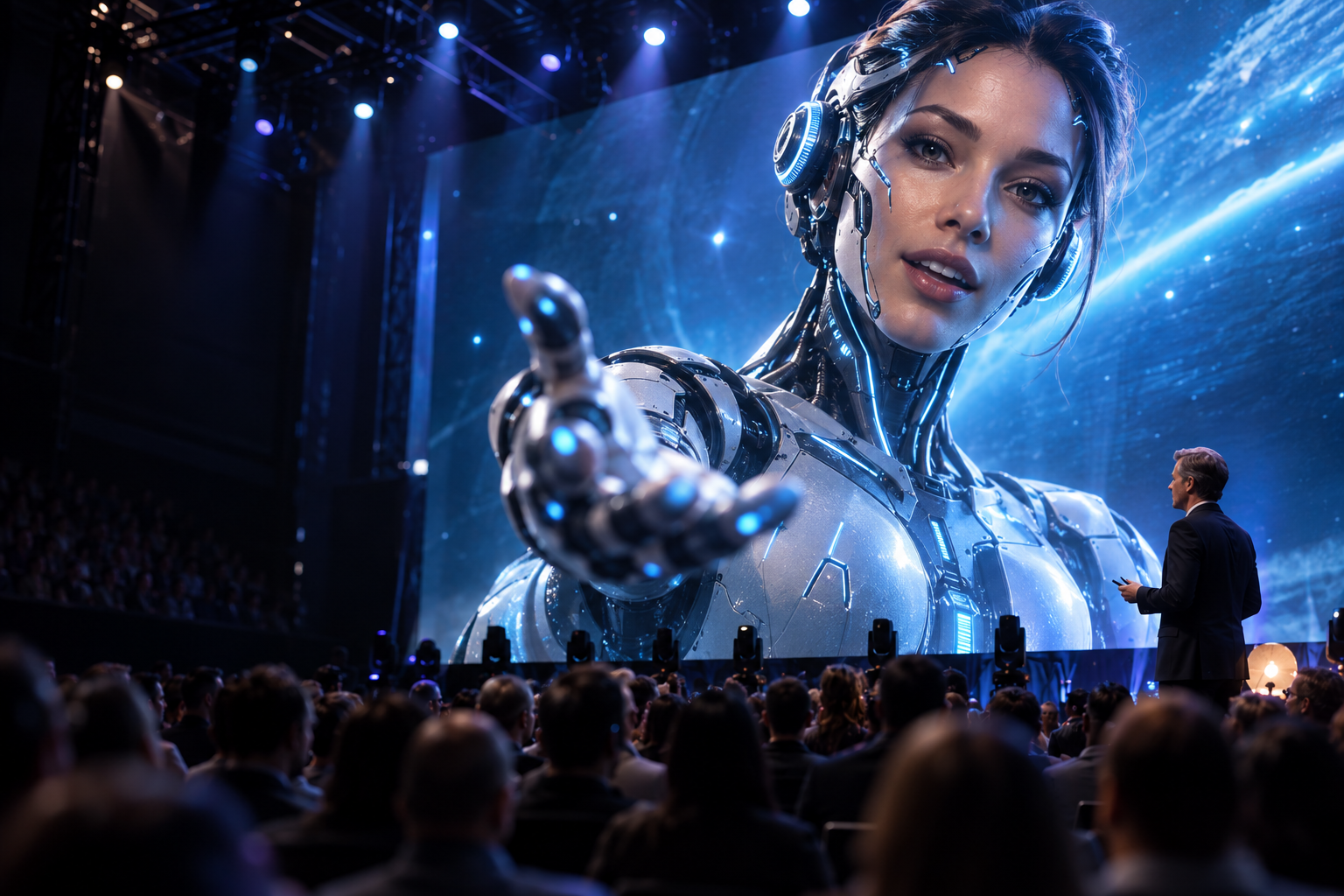 Digital live host on an event screen interacting with a presenter and audience