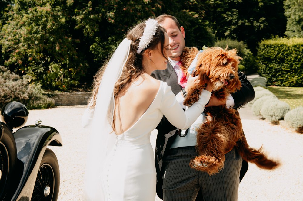 A bride in a white wedding dress and a groom in a suit holding a brown fluffy dog outdoors, with greenery in the background.