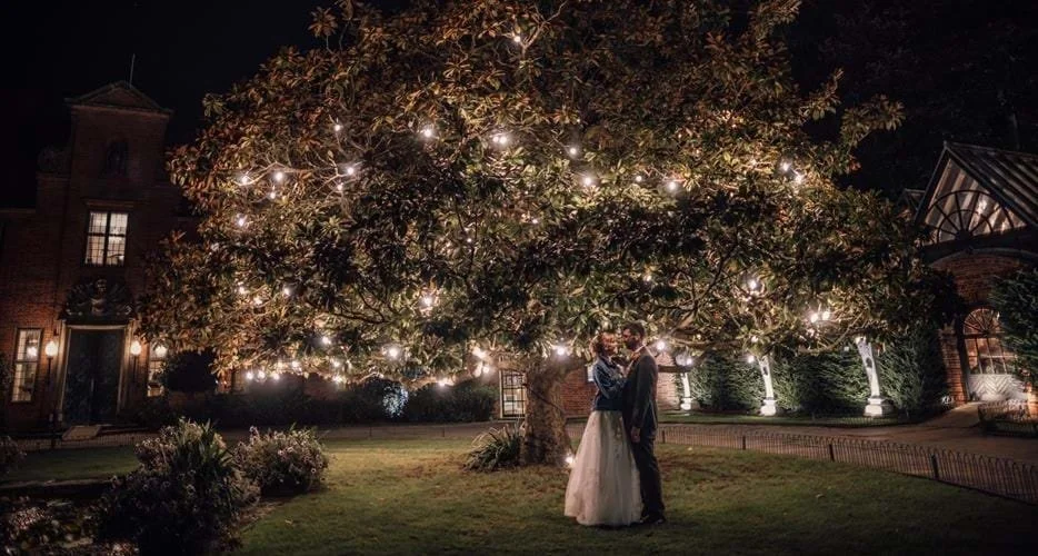 Wedding couple embracing under a large tree decorated with string lights during nighttime.