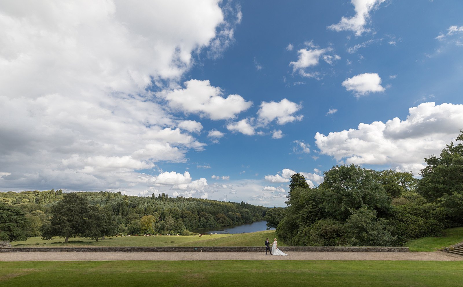 Bride and groom walking hand in hand in a scenic landscape with a grassy field, trees, and a pond under a partly cloudy blue sky.