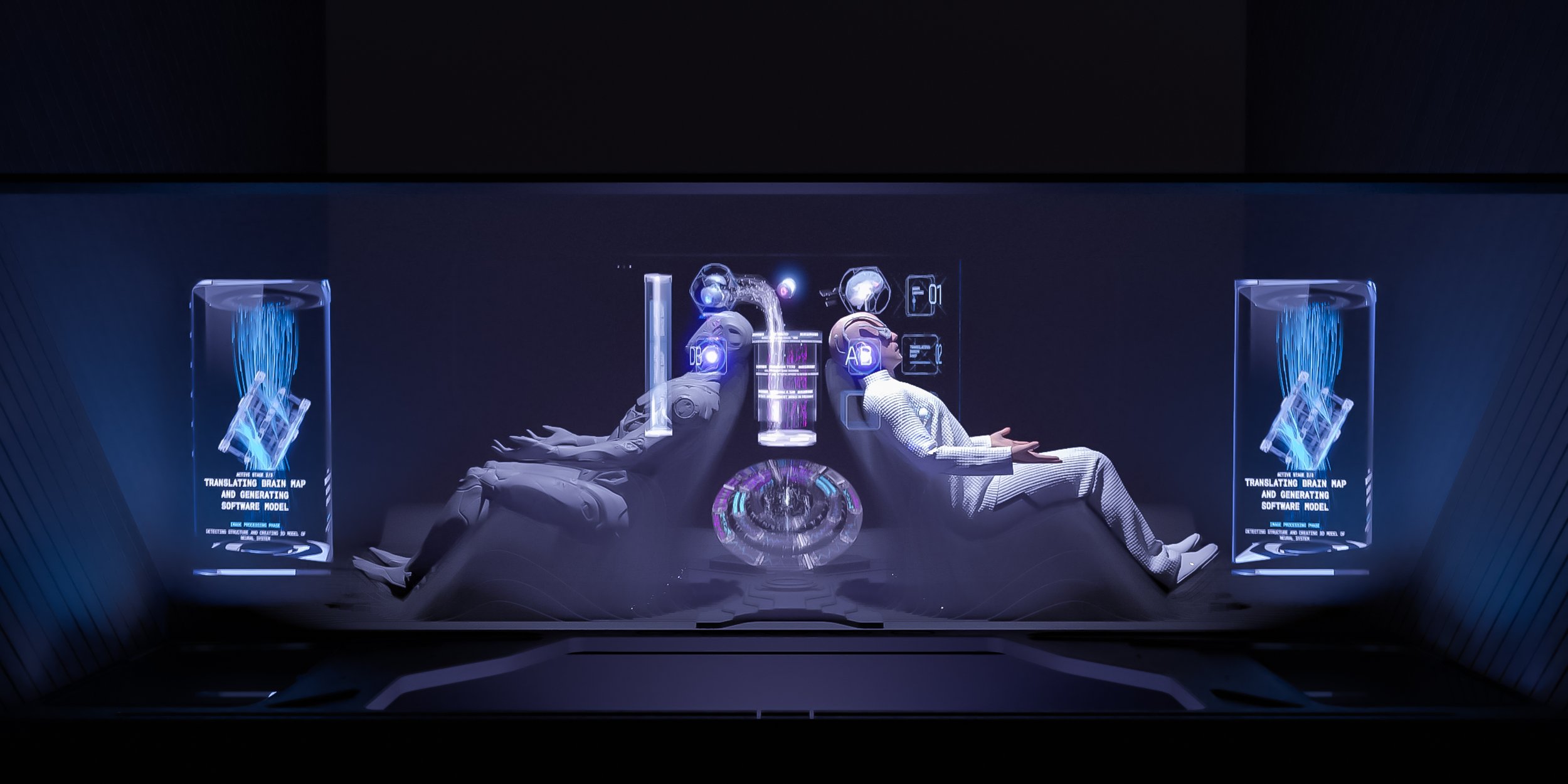 Hyper-realistic sculpture depicting hypothetical mind transfer technology