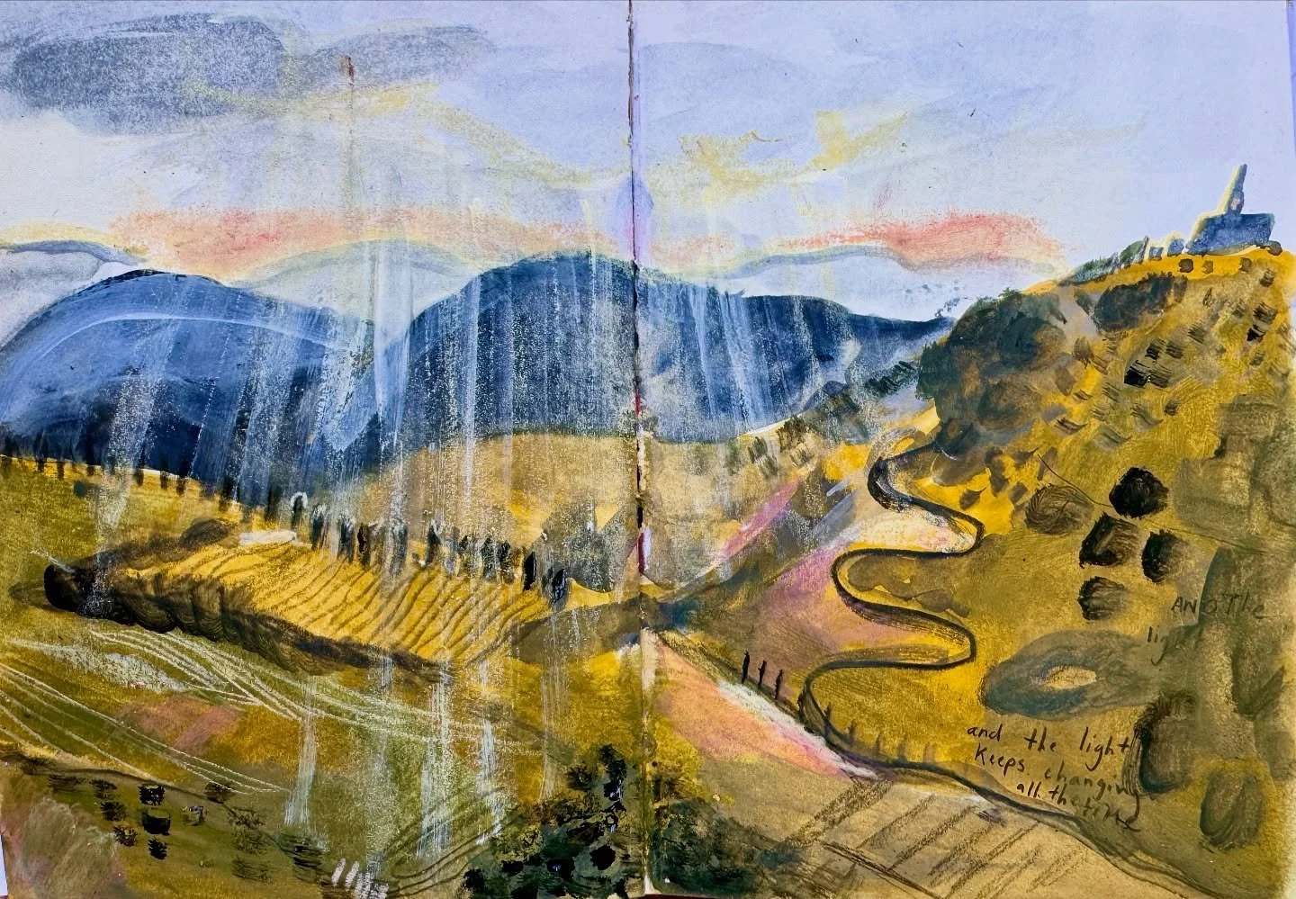 Something about sunshine, hills, olive oil and crostini slowly soaking into the bones 🌞 ✨ 

.
.
.
.
#inmysketchbook #sketchbookpage #sketchbookartist #illustratorsofinstagram #illustratedjournal #traveljournaling #mixedmediasketchbook #pith #pithske