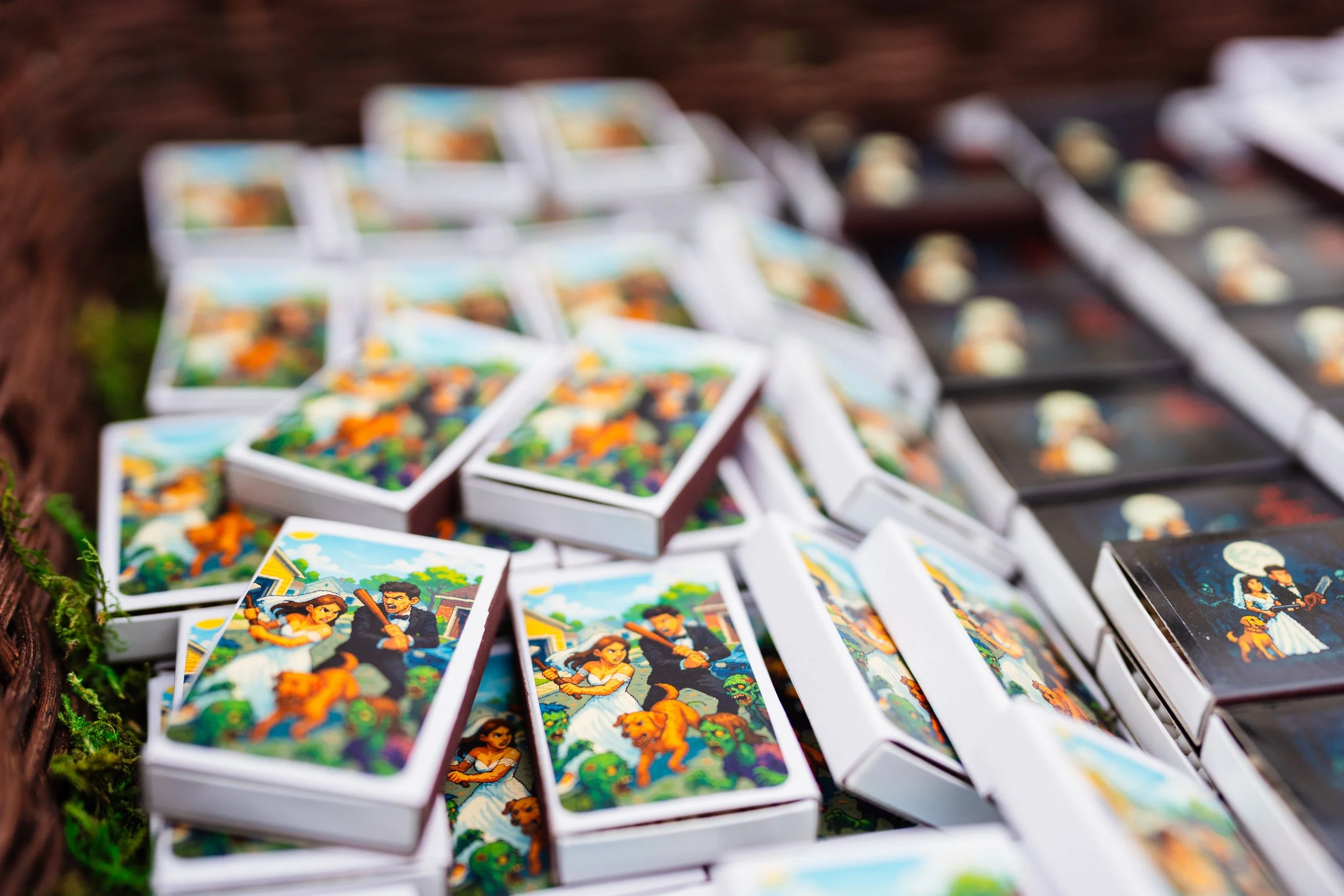 Bride and Groom custom matches gift detail photos at backyard wedding in Newfield, New Jersey. 