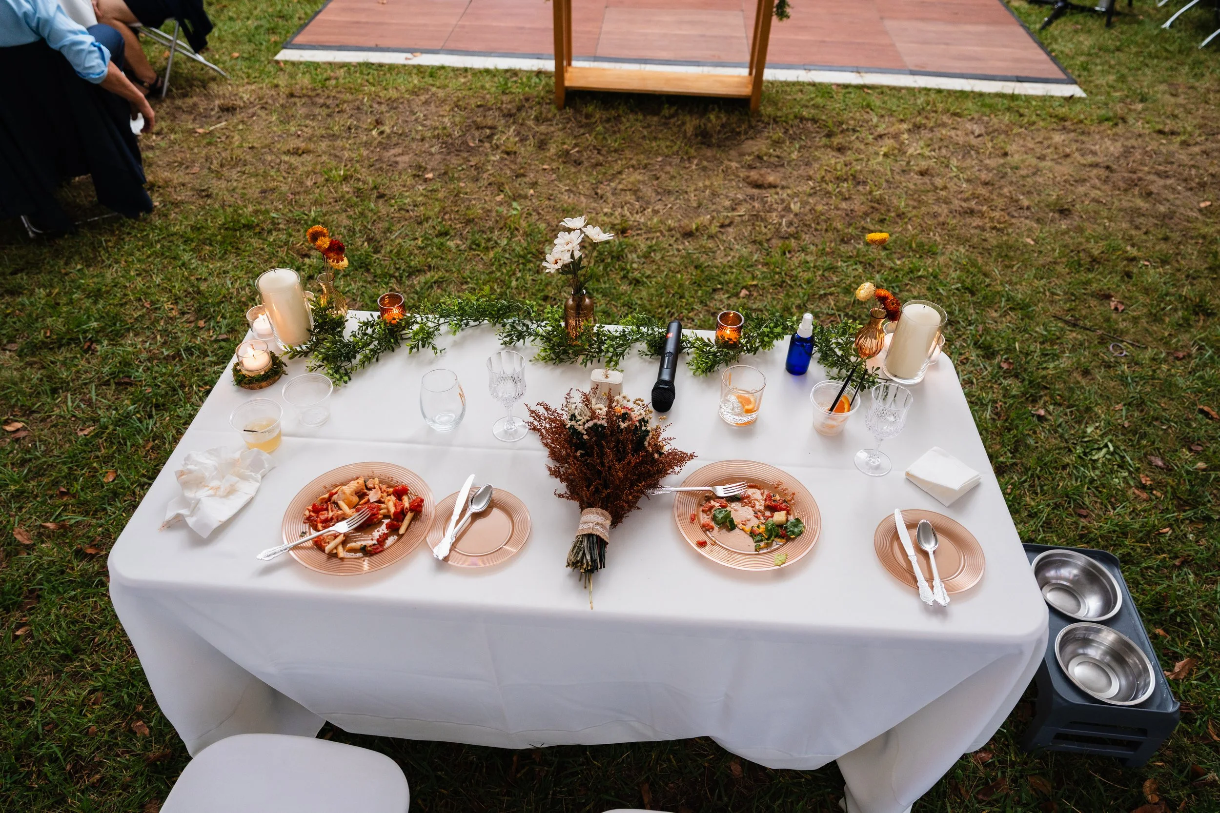 Bride and Groom table details during wedding reception at backyard wedding in Newfield, New Jersey. 