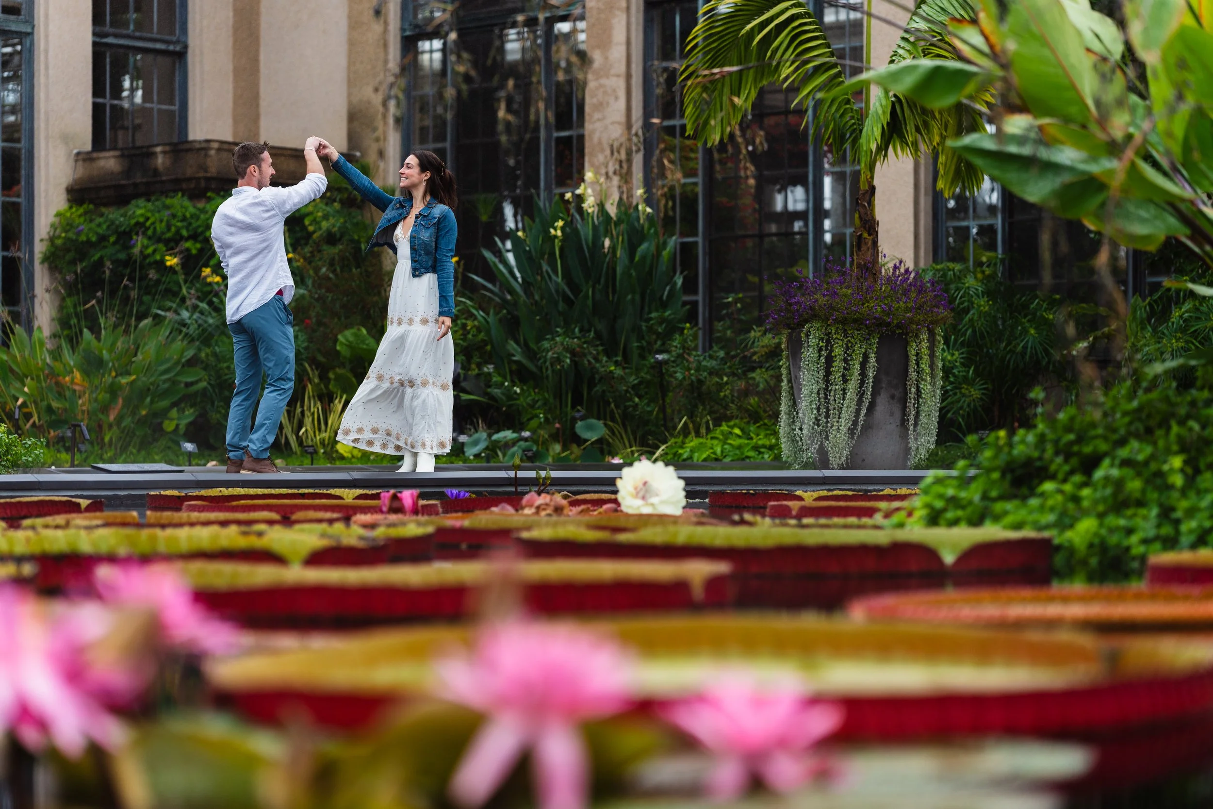 Couple twirling in the background with Lilly pads and greenery surrounding them at Longwood Gardens in Kennett Square PA.