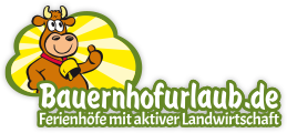 Logo mit Kuh, Bezug zu Bauernhofurlaub, Text: Bauernhofurlaub.de, Ferienhöfe mit aktiver Landwirtschaft