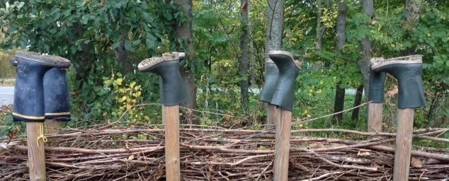 Fünf abgehängte Hämmern, die auf Holzpfosten in einem Wald befestigt sind, mit Ästen und Blättern im Hintergrund.
