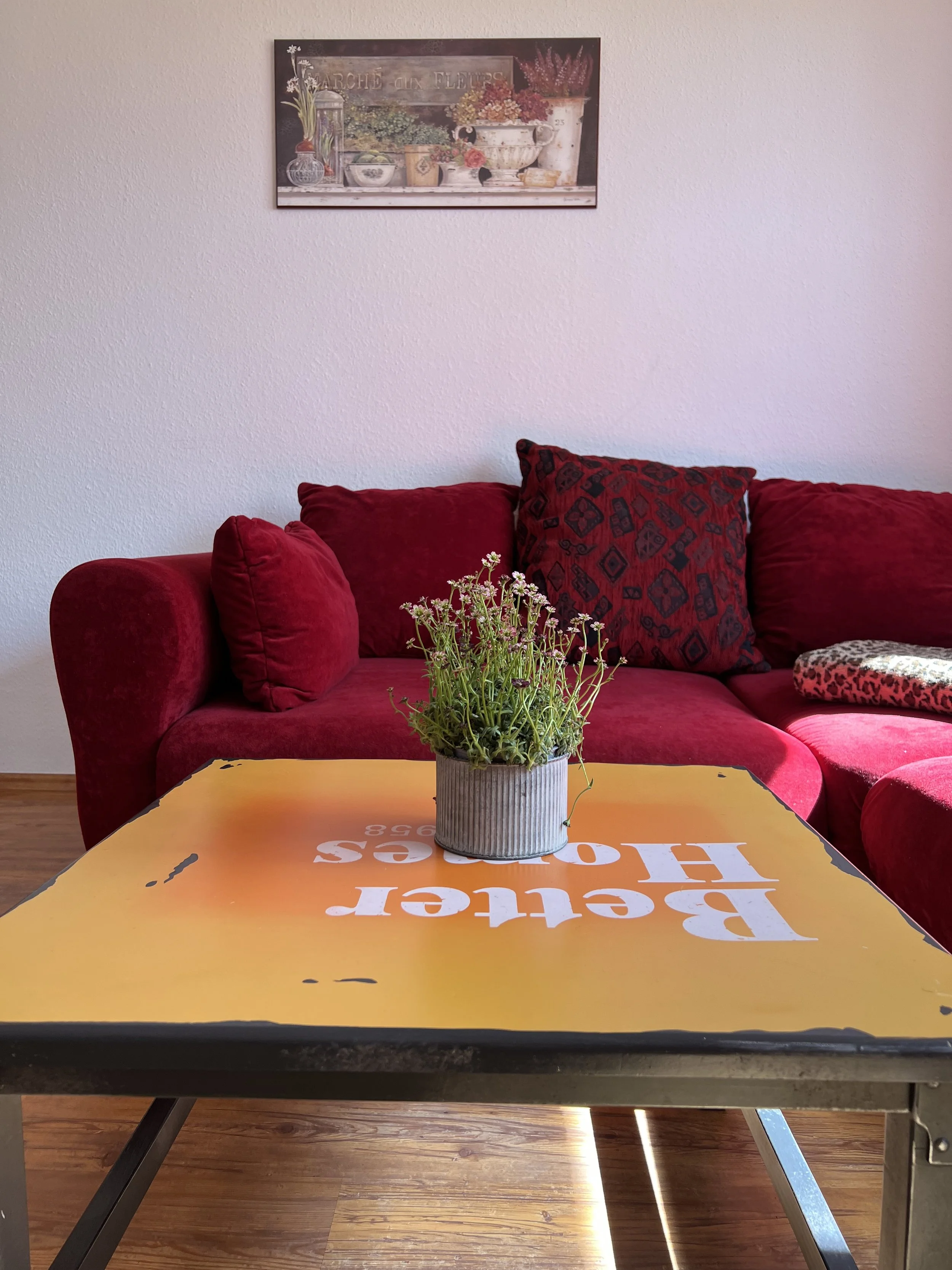 Innenraum mit roter Couch, eine Pflanze auf einem Tisch, an der Wand ein Bild mit Blumen und Gartenmotiven.