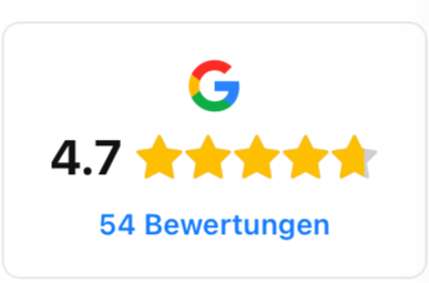 Google Bewertung mit 4,7 Sternen aus 54 Bewertungen.