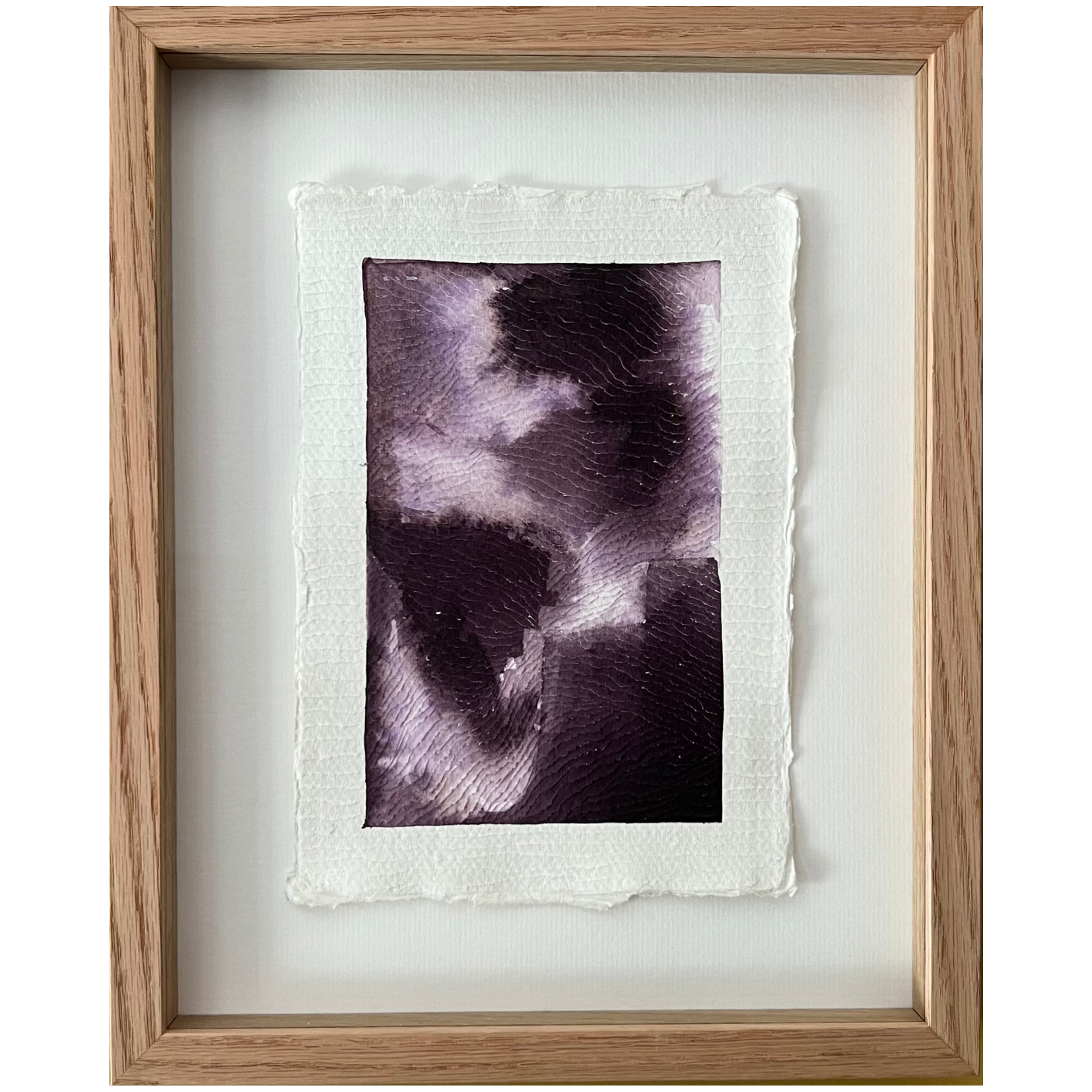 A moody deep violet acrylic painting and carving on cotton rag framed in oak with ArtGlass