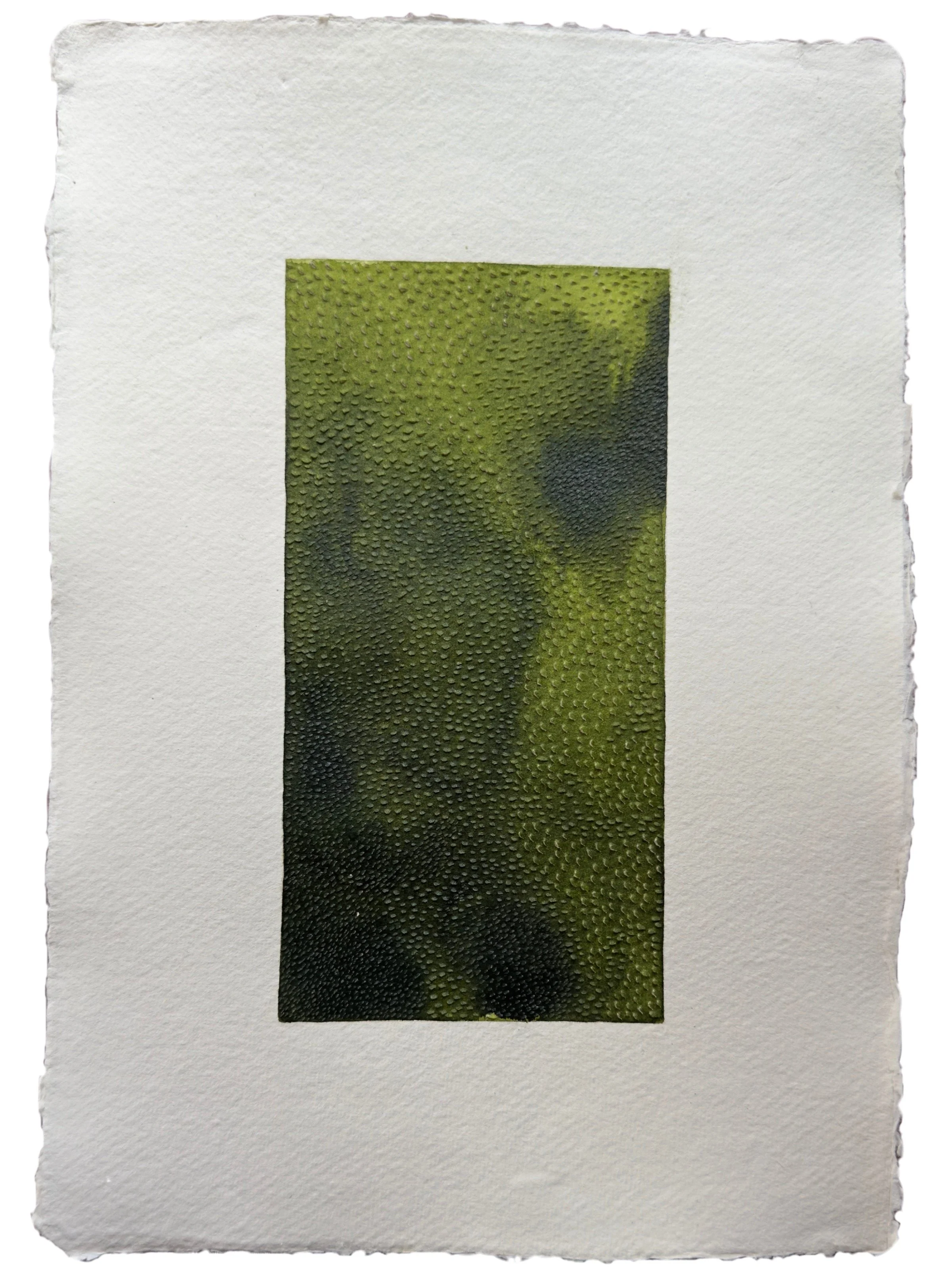 deep green painting with dimple carvings on white paper, framed in oak