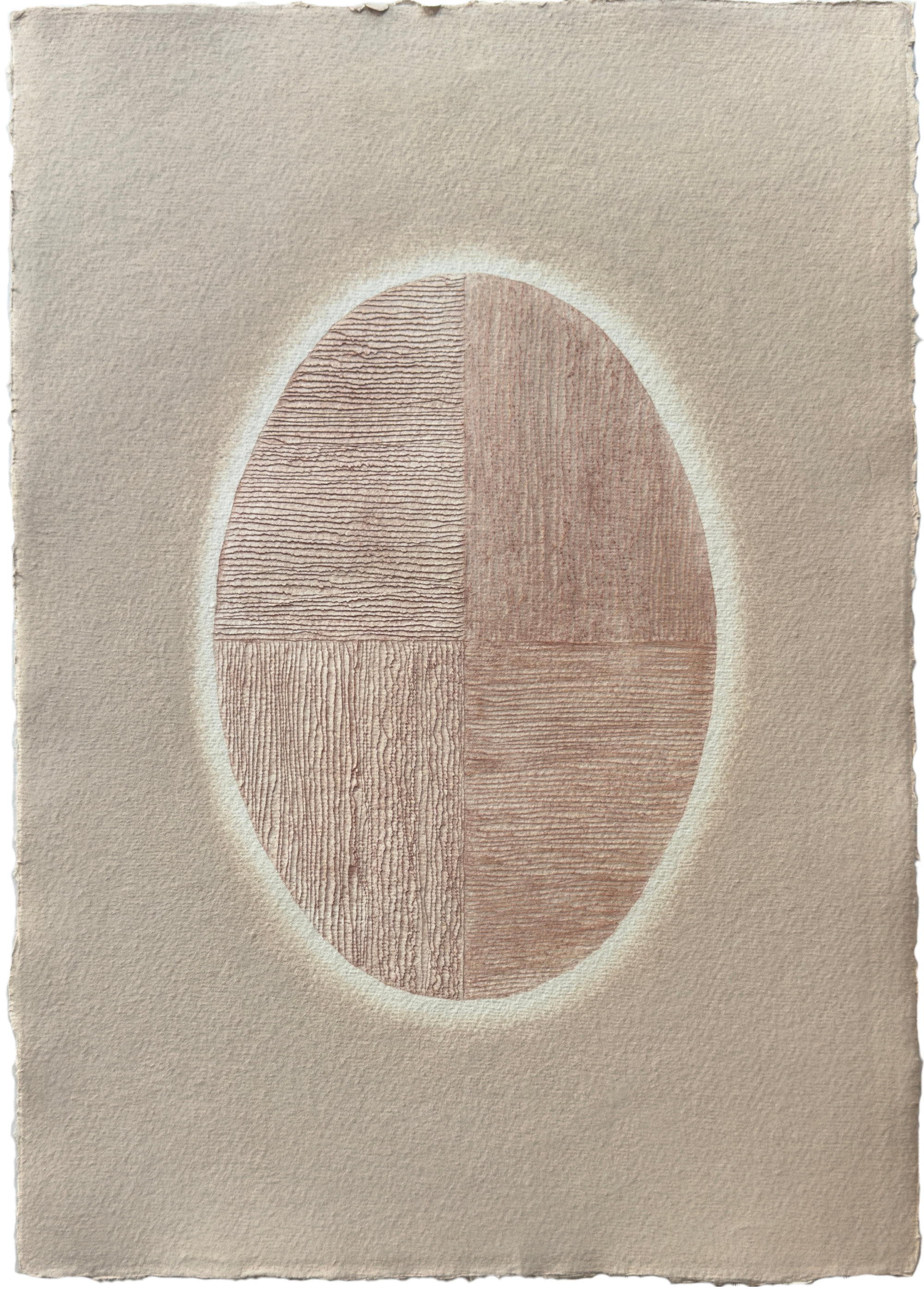 geometric textural artwork on paper with carvings in an oval shape and two shades of dirty blush pink.