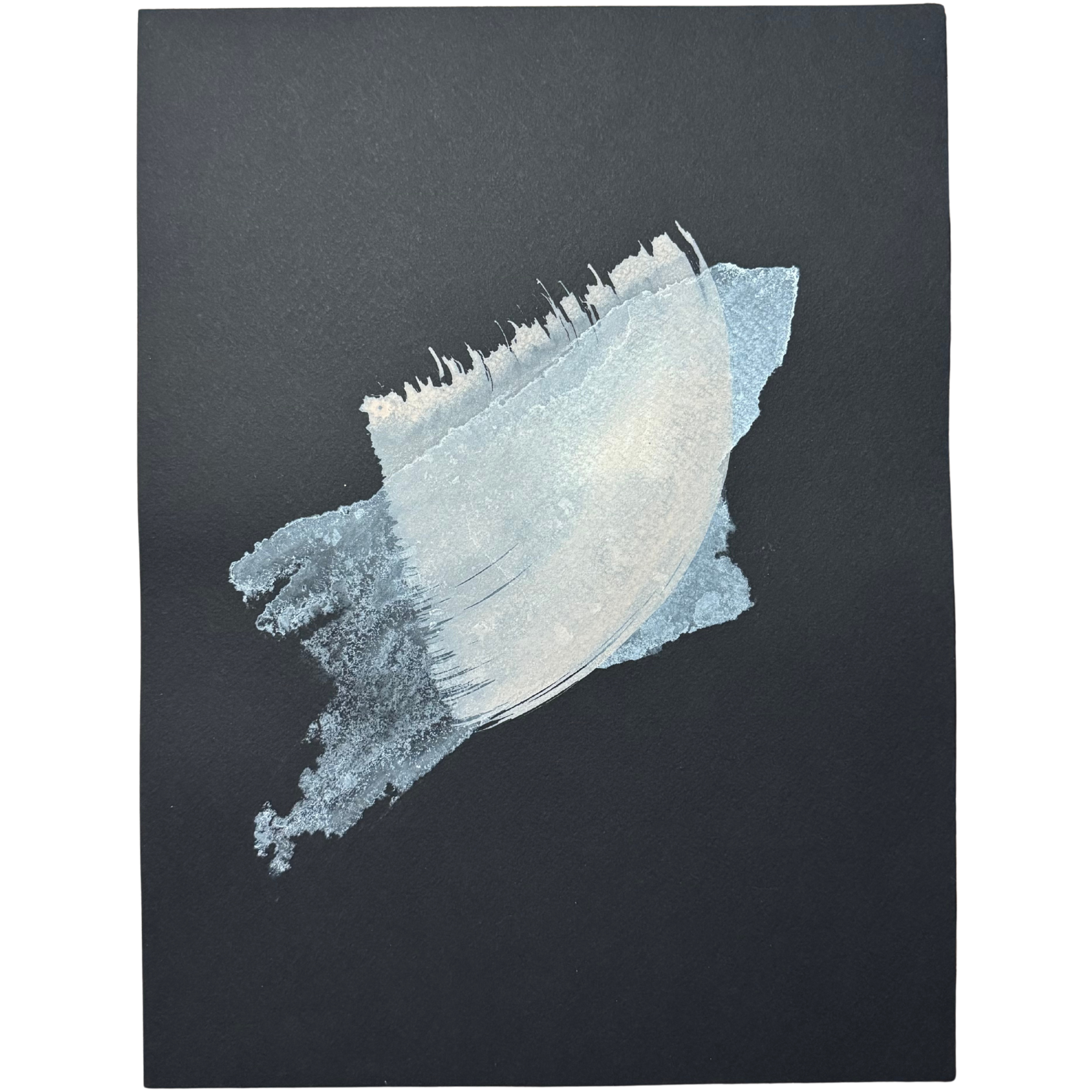 Original artwork with abstract translucent white and soft pink painting on black watercolour paper with visible brush strokes.