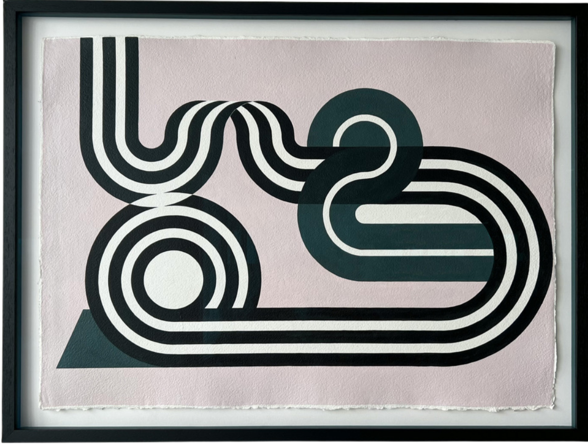 Hand painted geometric flow lines create this mid-century art deco style artwork in dirty pink, navy and teal shades of green-blue.