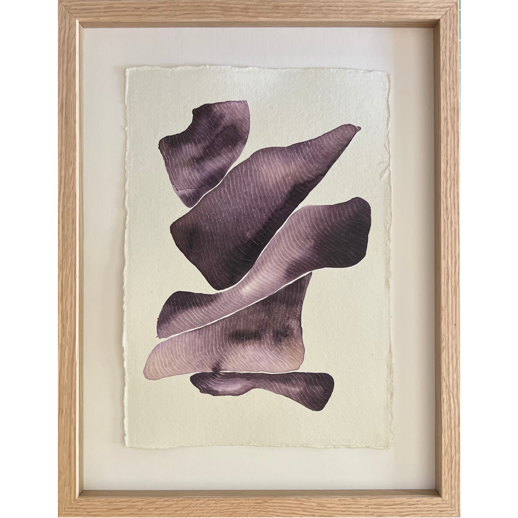 playful original painting showing stacked abstract deep violet shapes that are carved to create beautiful texture on cotton rag