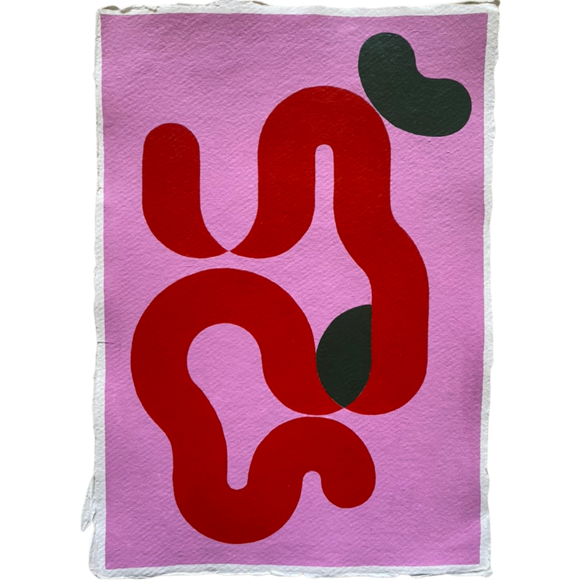 Fun and playful bright pink and pillarbox red geometric flow artwork with a pop of dark green.