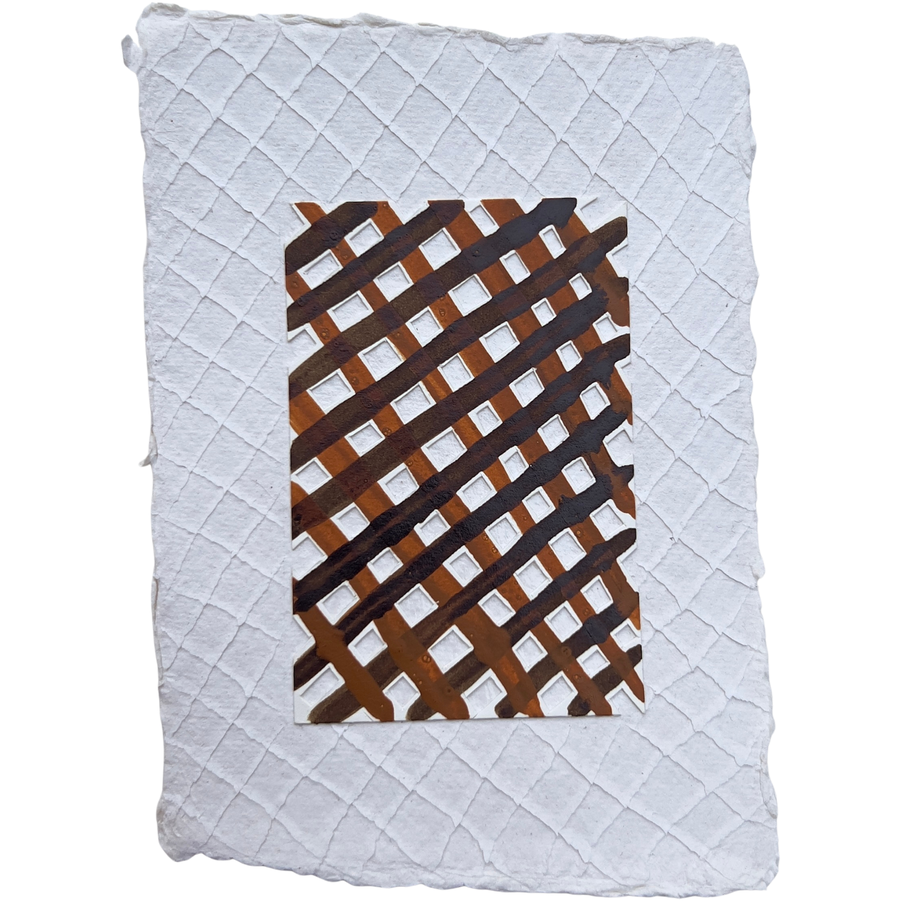 Lattice design with dark brown and yellow ochre collaged original artwork.