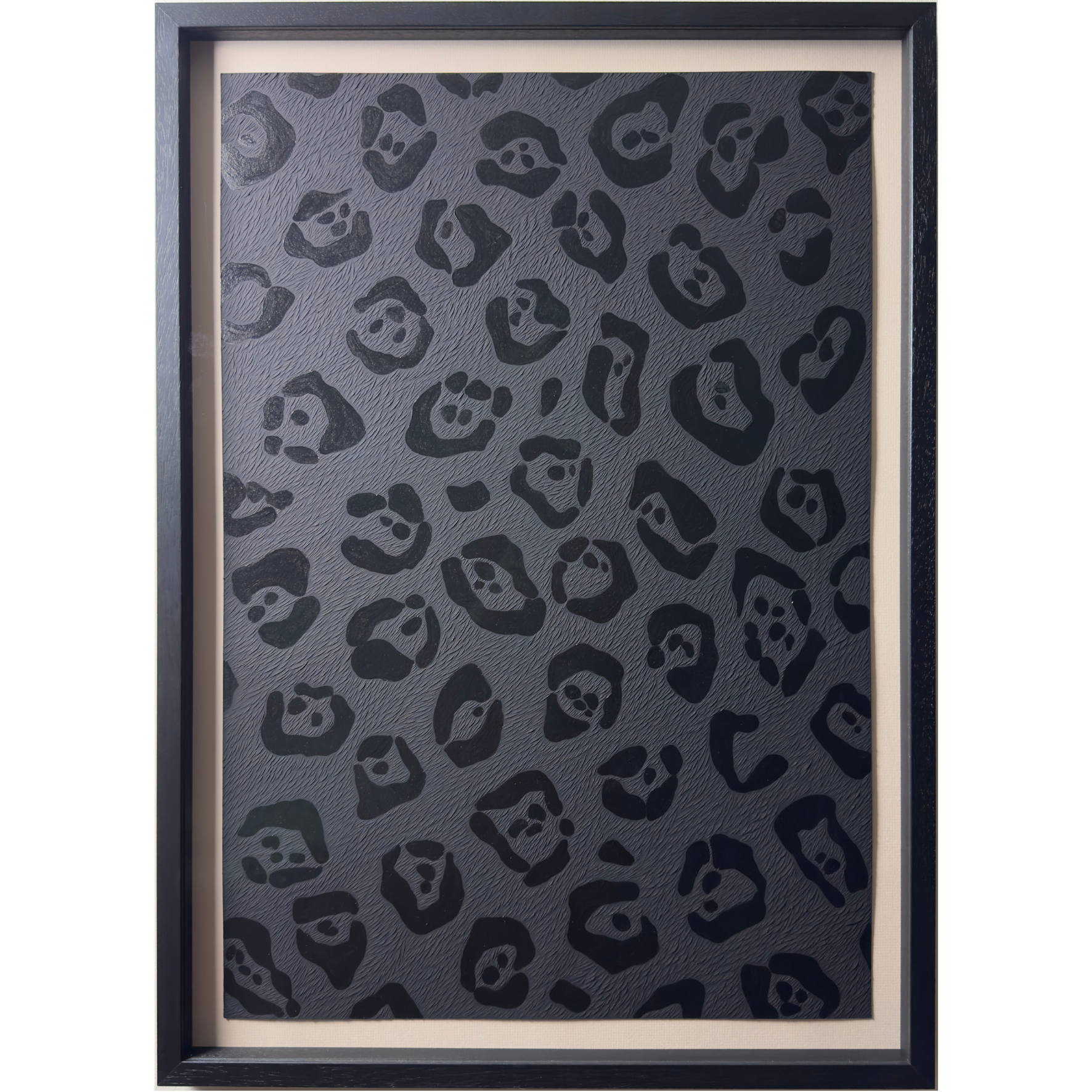 Black Panther original painting on paper with textured carvings representing the fur. In black stained ash wood frame and ArtGlass