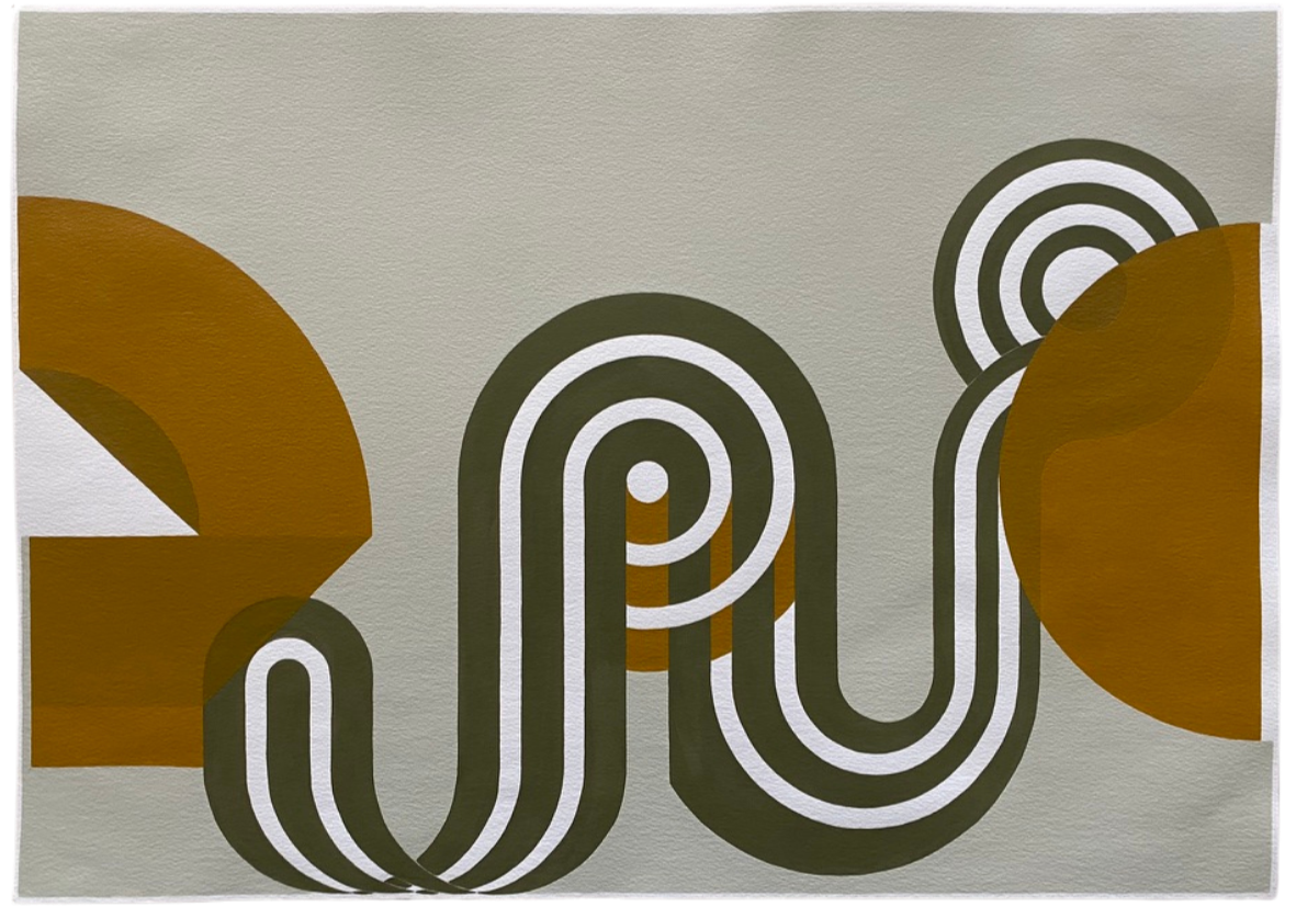 retro shades of green and mustard yellow create this funky original geometric painting, all painted freehand.